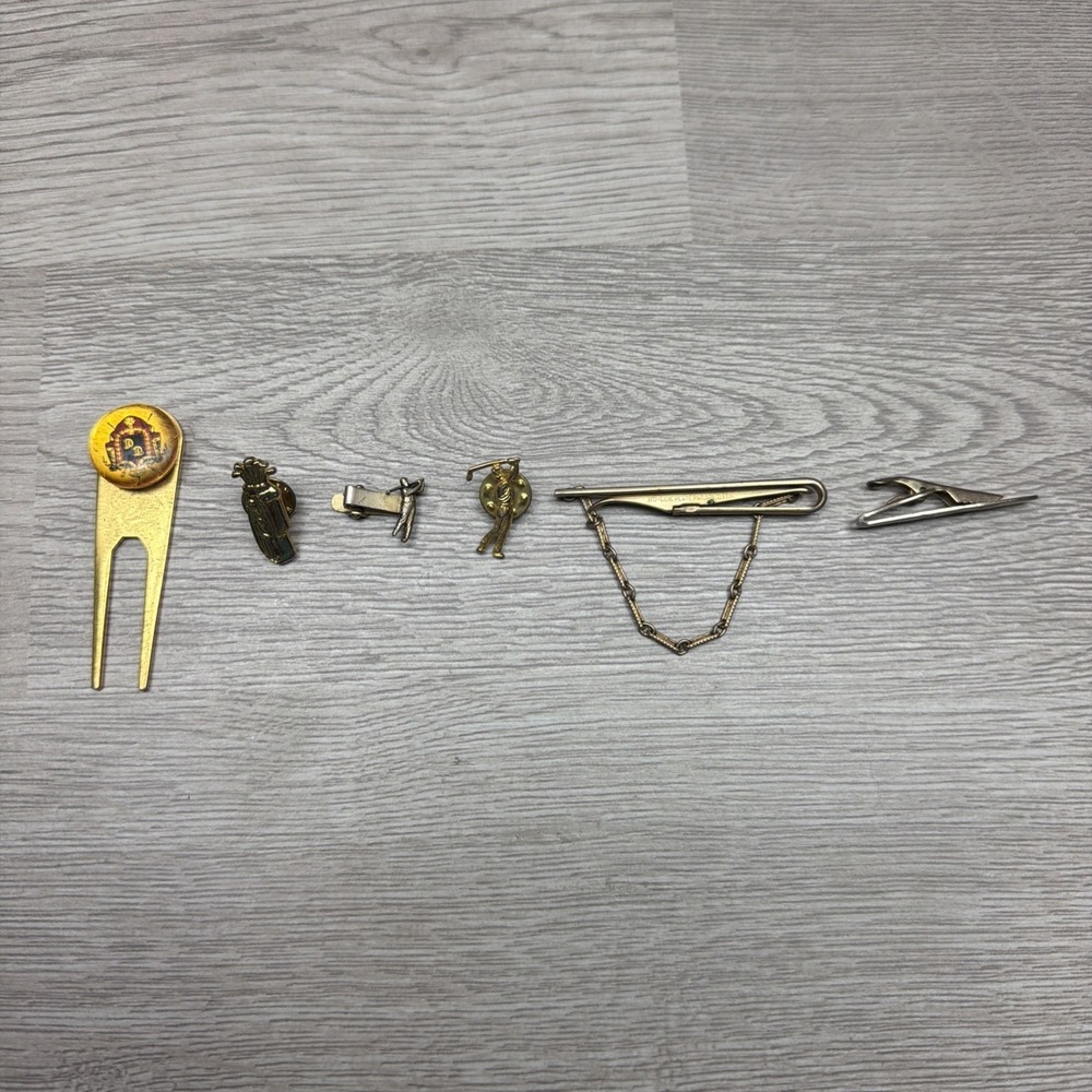 5 Vintage Gold Tone Label Pins Golfer Swinging Golf Ball Golfclubs W/ Divot Tool